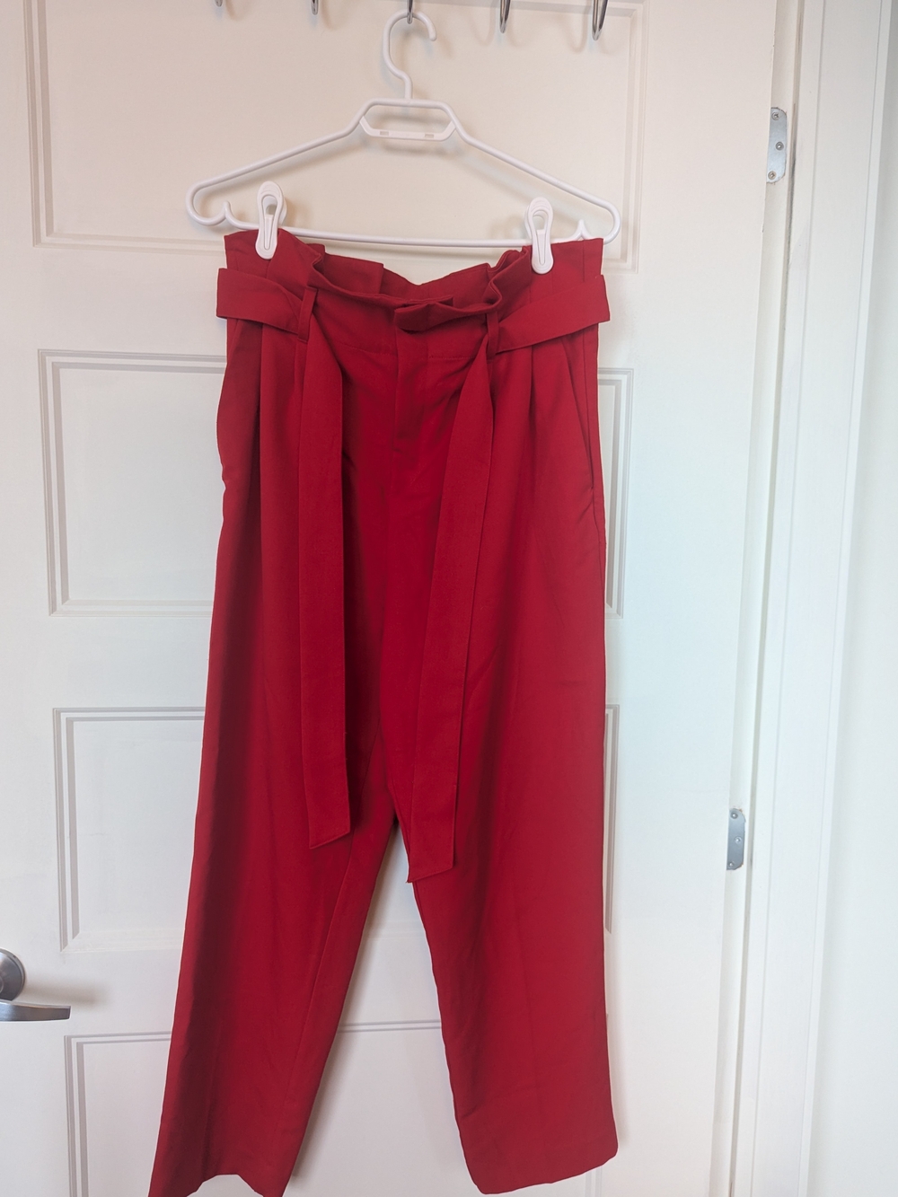 H&M Red High-Waist Wide-Leg Paperbag Pants with Tie